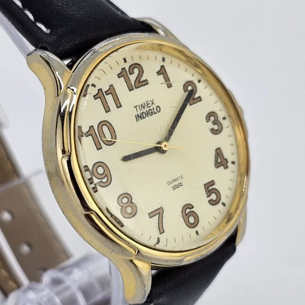 Timex‎ Men's Watch 35MM Gold Dial New Black White Leather Bands New Battery